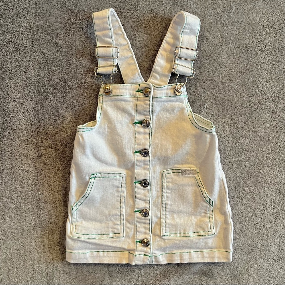 7 For All Mankind Baby Girl Overall Dress Denim White Green Stitch Size 2T
